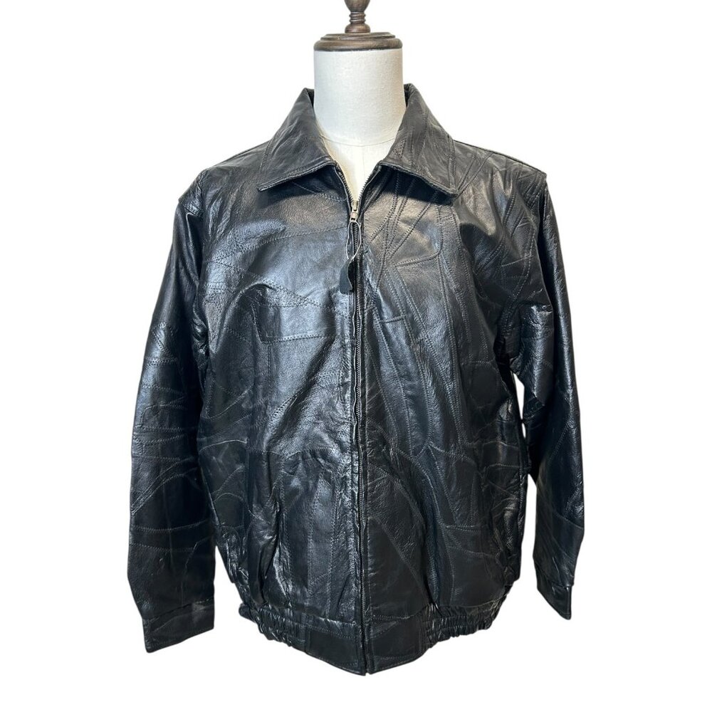 TG-16 Vintage LeWorld Size Large Black Genuine Leather Bomber Jacket Zip Up Coat